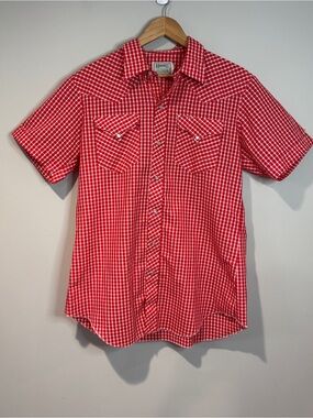 Vintage H Bar C California Ranchwear Red White Check Button Up Shirt Pearl Snap